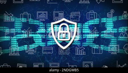 Zusammensetzung von Vorhängeschloss-Symbolen über Geschäftssymbolen und -Ketten mit Datenverarbeitung und Verbindungen Stockfoto