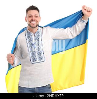Glücklicher Mann mit ukrainischer Flagge auf weißem Hintergrund Stockfoto