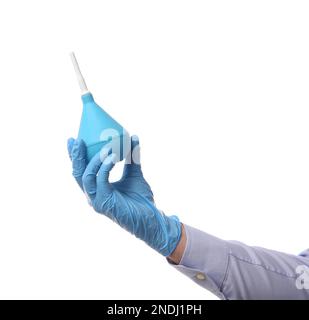 Arzt mit hellblauem Einlauf auf weißem Hintergrund, Nahaufnahme Stockfoto