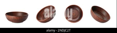 Set mit Tonschüsseln auf weißem Hintergrund. Bannerdesign Stockfoto