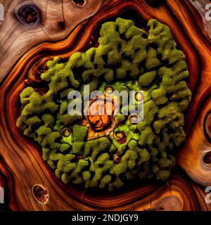 Burlholzoberfläche mit abstraktem Mooshintergrund. Ziertafelaufnahme aus Holz, detaillierte Holzstruktur. Natürliches Holz mit abstraktem Muster aus grünem Moos. Stockfoto