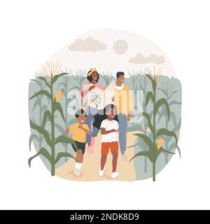Maislabyrinth isolierte Cartoon-Vektordarstellung. Freizeit für die ganze Familie, Labyrinth auf einem Feld, gemeinsam in einem Maislabyrinth spazieren gehen, Outdoor-Aktivitäten für Kinder, eintägiger Farmausflug Vektorfilm. Stock Vektor