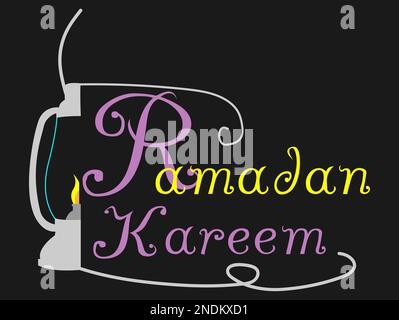 Ramadan-Kareem-Text mit Laterne, Typografie-Kunst, Ramadan-Laterne-Schild, Logo und Anhänger, Ramadan-Werbung, islamische Kunst für den Ramadan-Monat Stockfoto