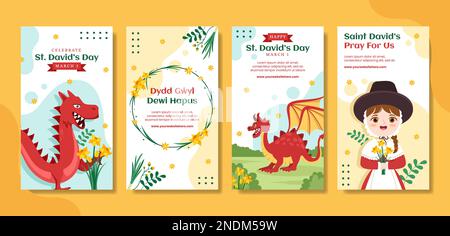 Happy St David's Day Social Media Stories Flat Cartoon handgezeichnete Vorlagen Hintergrund Illustration Stock Vektor