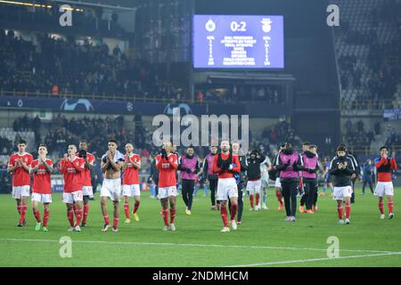 Brügge, Belgien. 15. Februar 2023. Die Spieler von Benfica bedanken sich bei den Fans nach der 1.-teiligen UEFA Champions League-Runde des 16 Fußballspiels von Club Brugge und Benfica im Jan Breydel Stadium in Brügge, Belgien, am 15. Februar 2023. Kredit: Zheng Huansong/Xinhua/Alamy Live News Stockfoto