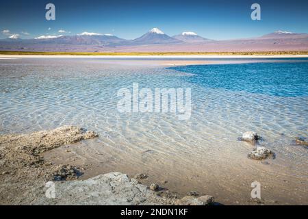 Licancabur und friedlicher Reflexionssee mit dramatischer vulkanischer Landschaft bei Sonnenuntergang, Atacama Wüste, Chile Stockfoto