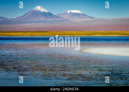 Licancabur und friedlicher Reflexionssee mit dramatischer vulkanischer Landschaft bei Sonnenuntergang, Atacama Wüste, Chile Stockfoto