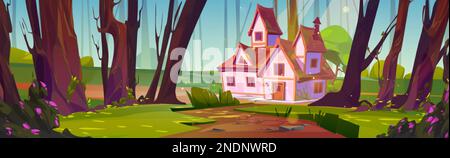 Cartoon-Haus im Sommerwald. Vektordarstellung einer Holzstraße, die zu einer gemütlichen Hütte mit rotem Dach auf einer sonnenbeleuchteten Lichtung führt, umgeben von hohen Bäumen, blühen Stock Vektor