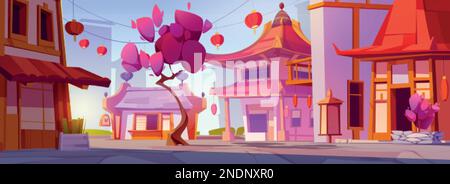 Blick auf die Straße in Chinatown mit Kirschblüten-Cartoon-Landschaft. Sakura-Baum in der Nähe des japanischen Gebäudes und der Stadtstraße im Dorf. Reise zur Laterne auf asiatisch h Stock Vektor
