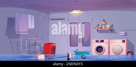 Überfluteter Waschraum. Untergeschossboden des Hauses versehentlich nass. Cartoon-Vektorhintergrund mit Zugang zum Schadenslager mit Korb, Waschmittel, Fell Stock Vektor