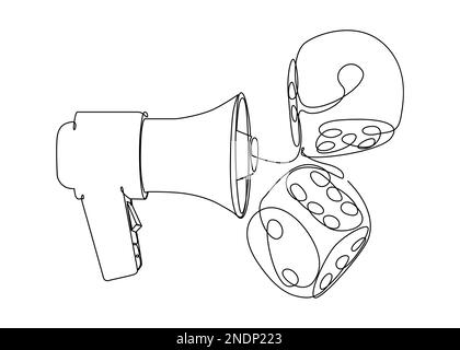 Eine durchgehende Megafon-Linie mit Würfel. Vektorkonzept zur Darstellung dünner Linien. Kontur Zeichnen kreativer Ideen. Stock Vektor