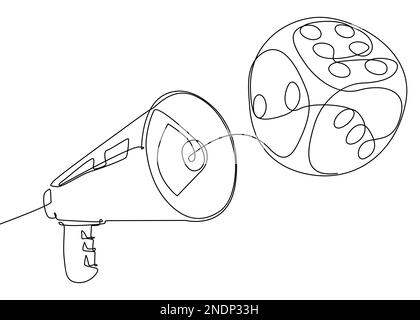 Eine durchgehende Megafon-Linie mit Würfel. Vektorkonzept zur Darstellung dünner Linien. Kontur Zeichnen kreativer Ideen. Stock Vektor