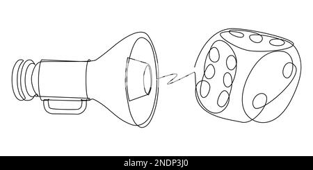 Eine durchgehende Megafon-Linie mit Würfel. Vektorkonzept zur Darstellung dünner Linien. Kontur Zeichnen kreativer Ideen. Stock Vektor