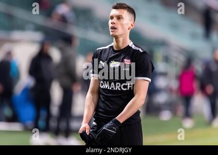 Warschau, Polen. 12. Februar 2023. Mateusz Bochnak von Cracovia, gesehen während des Spiels der polnischen PKO Ekstraklasa League zwischen Legia Warszawa und Cracovia im Marschall Jozef Pilsudski Legia Warsaw Municipal Stadium. Endstand: Legia Warszawa 2:2 Cracovia. (Foto: Mikolaj Barbanell/SOPA Images/Sipa USA) Guthaben: SIPA USA/Alamy Live News Stockfoto