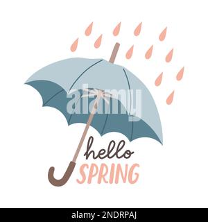 Hello Spring, handgezeichnete flache Vektordarstellung. Schriftzug im Frühling mit Schirm als Grußkarte Stock Vektor