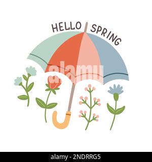 Hello Spring, handgezeichnete flache Vektordarstellung. Schriftzug im Frühling mit Schirm als Grußkarte Stock Vektor