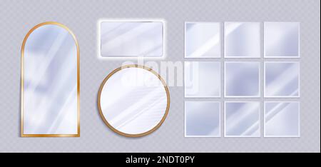 Realistischer Satz verschiedener Spiegel png isoliert auf transparentem Hintergrund. Vektordarstellung von quadratischen, runden, rechteckigen Reflexionsglasmodellen in goldenen, silbernen Rahmen. Interieur-Designelement Stock Vektor