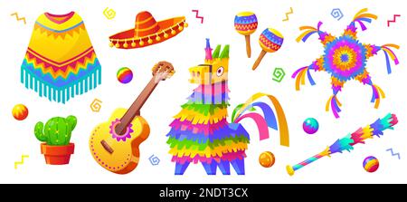 Zeichentrickset mit mexikanischem Partyzubehör isoliert auf weißem Hintergrund. Vektordarstellung traditioneller Eselpinata, spanischer Gitarre, Maracas, Sombrero, Topfkaktus. Geburtstagselemente für Kinder Stock Vektor