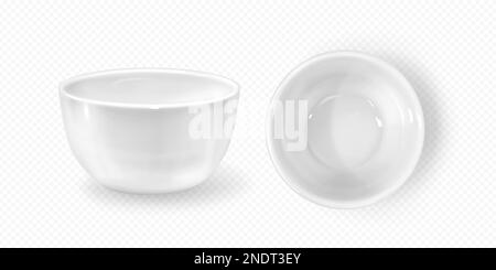 Realistische leere tiefe Saucenteller in Vektor. Isolierte weiße Platte auf transparentem Hintergrund. Porzellan-Küchenmodell für Restaurant- oder Café-Menü-Design. Keramiksalat Geschirr und Seitenblick. Stock Vektor