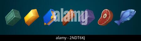 Spielfiguren aus Essen, Stein, Holz, Gold und Buch. Rohstoffe und Beute mit Holzbrett, Fleisch, Fisch, goldenem Ingot, Steinstein und Eisen, Vektorcartoon isoliert auf dem Hintergrund Stock Vektor