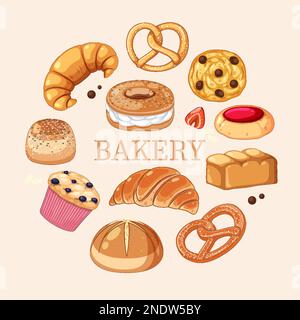 Banner für Backwaren mit Illustration von Brot und Gebäck Stock Vektor