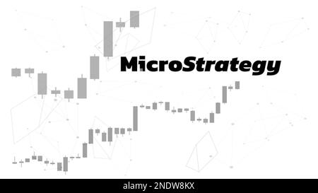 Banner MicroStrategy Incorporated mit Chartkerzen auf dunkelblauem Hintergrund. Unternehmen, das Bitcoins und andere digitale Münzen kauft und den Markt nach oben treibt. Stockfoto