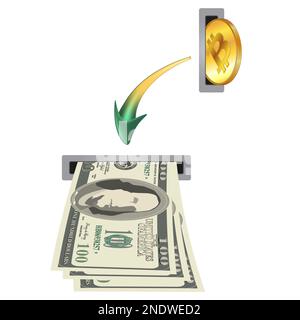 Pfeil von Slot mit Bitcoin-Punkten zu Slot mit Geldpapierdollar. Konzept der Umwandlung von Bitcoin-BTC-Münzen in USD-Dollar-Bargeld. Vektorgrafik. Stockfoto