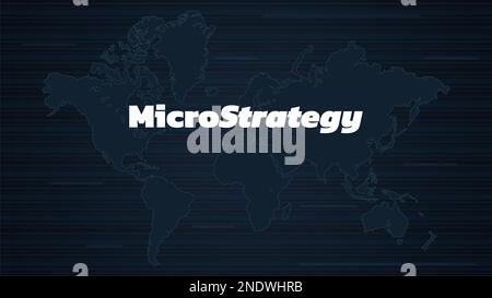 Banner MicroStrategy Incorporated mit Weltkarte auf dunklem Hintergrund. Unternehmen, das Bitcoins und andere digitale Münzen kauft und den Markt nach oben treibt. Vektor i Stockfoto