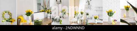 Collage aus häuslichen Innenräumen, dekoriert mit Osterkränzen und Tulpenblumen Stockfoto