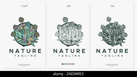 Design-Set mit Logo und Naturblumen. Grafikvorlage für das Kreislogo im Vintage-Stil mit Blumenmuster. Stock Vektor