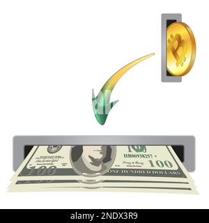 Konzept der Umwandlung von Bitcoin-BTC-Münzen in USD-Dollar-Bargeld. Vektorgrafik. Stockfoto