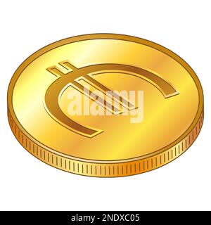 Goldmünze mit EUR-Währungszeichen der Europäischen Union in isometrischer Draufsicht isoliert auf weißem Hintergrund. Einführung der digitalen Währung durch die Europea Stockfoto