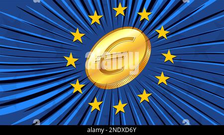 Goldene Münze mit Zeichen Währung EUR und der blauen Flagge der Europäischen Union mit Sternen. CBDC-Konzept. Einführung der digitalen Währung durch die Europäische Zentrale Stockfoto