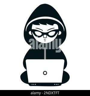 Schwarzes Symbol eines Hackers in einer Maske mit einem Laptop. Abbildung eines flachen Vektors. Stock Vektor