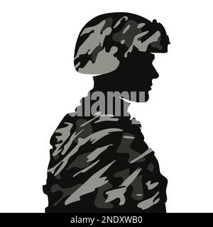 Schwarze Silhouette eines amerikanischen Soldaten im Profil. Tarnfärbung der Uniform. Abbildung eines flachen Vektors. Stock Vektor