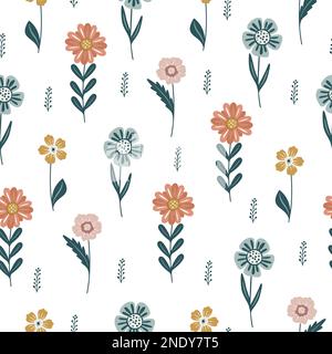 Süße Blumen mit nahtlosen Blättern. Frühlingskunstdruck mit botanischen Elementen. Frohe Ostern. Stock Vektor