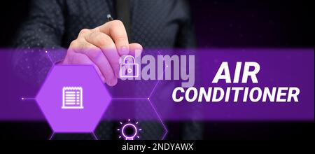 Schild mit der Aufschrift „Klimaanlage“. Gewerbliche Ausstellungsgeräte zum Waschen von Luft und zur Regelung von Luftfeuchtigkeit und Temperatur Stockfoto