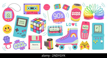 Klassische 80s 90s-Elemente in modernem Stil, flacher Linienlook. Handgezeichnete Vektordarstellung. Modeaufnäher, Abzeichen, Emblem. Stock Vektor