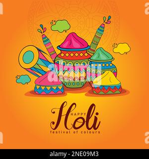 Illustration von bunten Design (Puderfarbe) und pichkari für Happy Holi Hintergrund. Stock Vektor