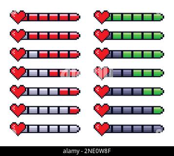 Abbildung des Balkensatzes für das Pixel Heart Life. Herz im 8-Bit-Stil. Pixel Game Icons im Retro-Stil. Stock Vektor