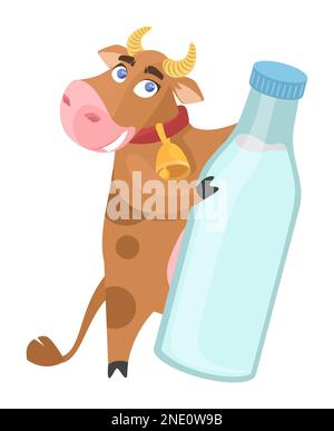 Süße Kuh, die eine Glasflasche mit Milchvektor hält Stock Vektor