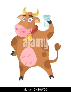 Lustiges Kuhmaskottchen mit einem Glas Milchvektorsymbol Stock Vektor