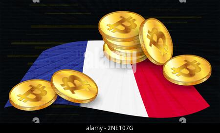 Stapel von Goldmünzen von Bitcoin BTC auf farbiger Flagge Frankreichs auf dunklem digitalem Hintergrund. Die Zentralbank von Frankreich verabschiedet Gesetze über digitale Vermögenswerte CBDC. V Stockfoto