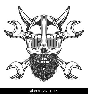 Viking Schädel mit Schnurrbart und Bart in Hörnerhelm und Klempnerschlüssel für Bauarbeiter oder Reparaturwerkstatt für Pkw und LKW-Mechaniker Stock Vektor