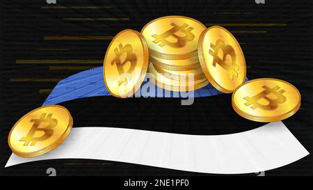 Stapel von Goldmünzen von Bitcoin BTC auf farbiger Flagge Estlands auf dunklem digitalem Hintergrund. Die estnische Zentralbank verabschiedet Gesetze über digitale Vermögenswerte CBDC. Stockfoto