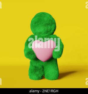 Süßes Plüsch Yeti Pink Heart 3D Rendering Love Date Valentinstag gelber Hintergrund. Gesichtsloser grüner, pelziger bigfoot. Modern kreativ minimalistisch Stockfoto