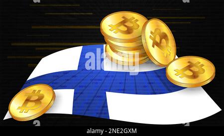 Stapel von Goldmünzen von Bitcoin BTC auf farbiger Flagge Finnlands auf dunklem digitalem Hintergrund. Die Zentralbank von Finnland verabschiedet Gesetze zu digitalen Vermögenswerten CBDC. Stockfoto