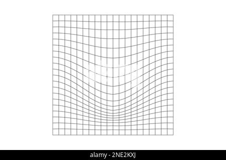 Verzerrtes kariertes Raster. Struktur der Netzverformung. Futuristisches Netz mit Delleneffekt. Geometrische Verformung. Schwerkraft-Phänomen. Gebogene Gitteroberfläche Stock Vektor