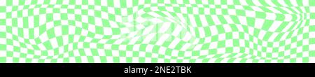 Groovy trippy Gitterstruktur. Verzerrter Schachbretthintergrund. Optische Täuschung mit Schachbrettmuster. Psychedelisches Muster mit verformten grünen und weißen Quadraten. Warp Stock Vektor