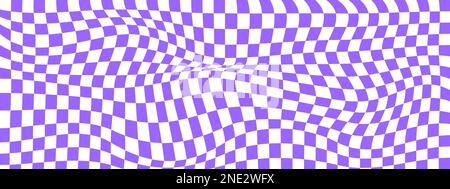 Trippiger Hintergrund mit verformten violetten und weißen Quadraten. Verzerrtes Schachbrettmuster. Komische visuelle Illusion. Psychedelische Schachbrettstruktur Stock Vektor